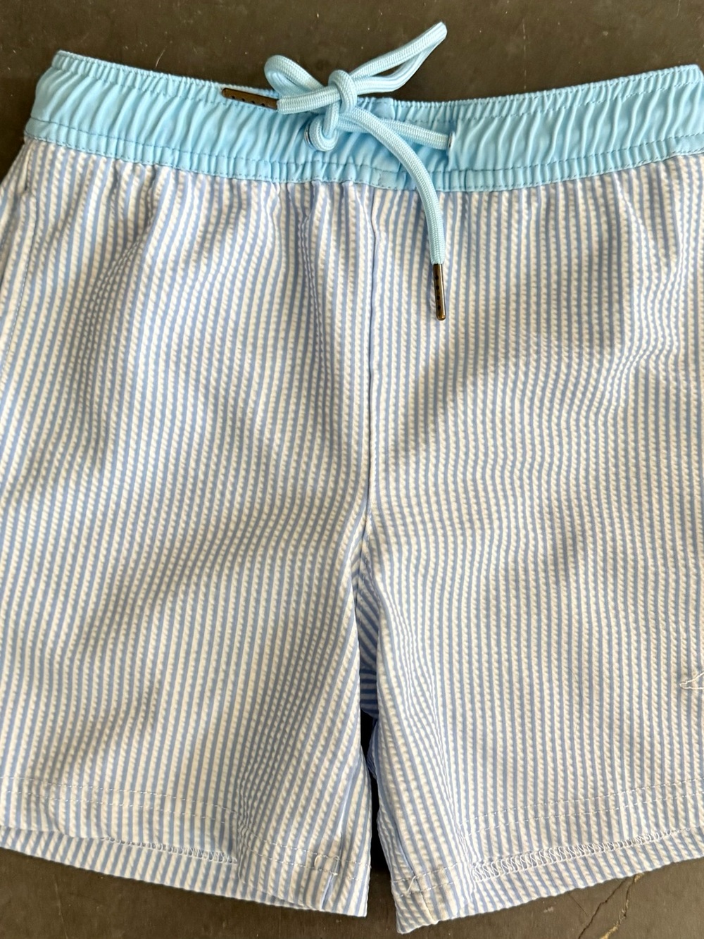 Light Blue Seersucker Kids Swim Trunks with Drawstring